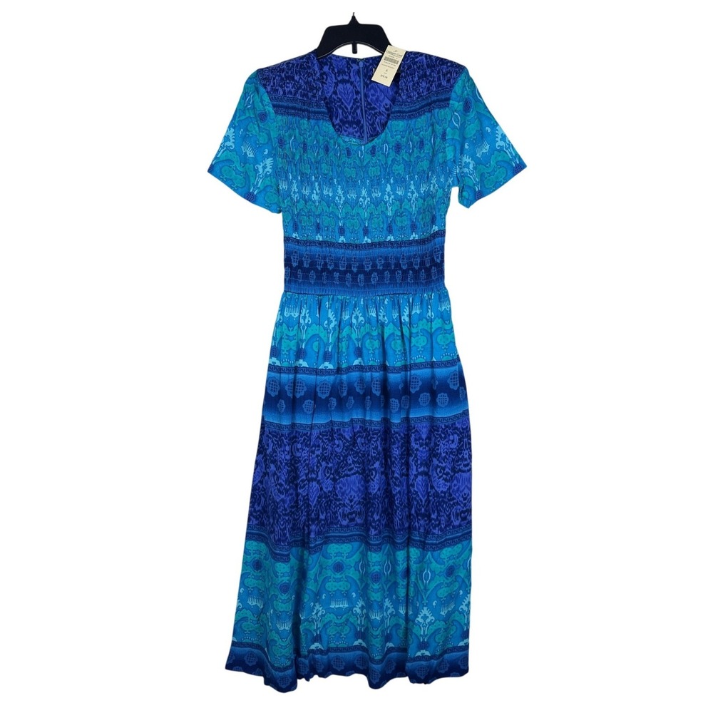 Coldwater Creek Mystic Smocked Dress Blue Teal Boho Ikat Rayon Size 6 NWT